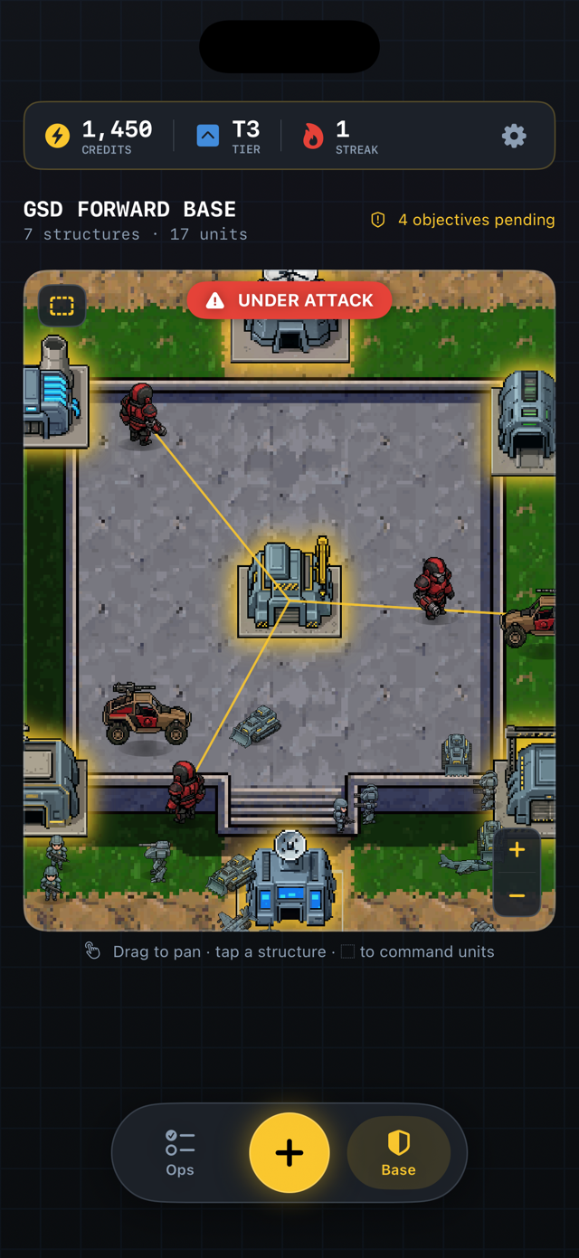 The base under attack: enemy units and tracer fire crossing the GSD base map.