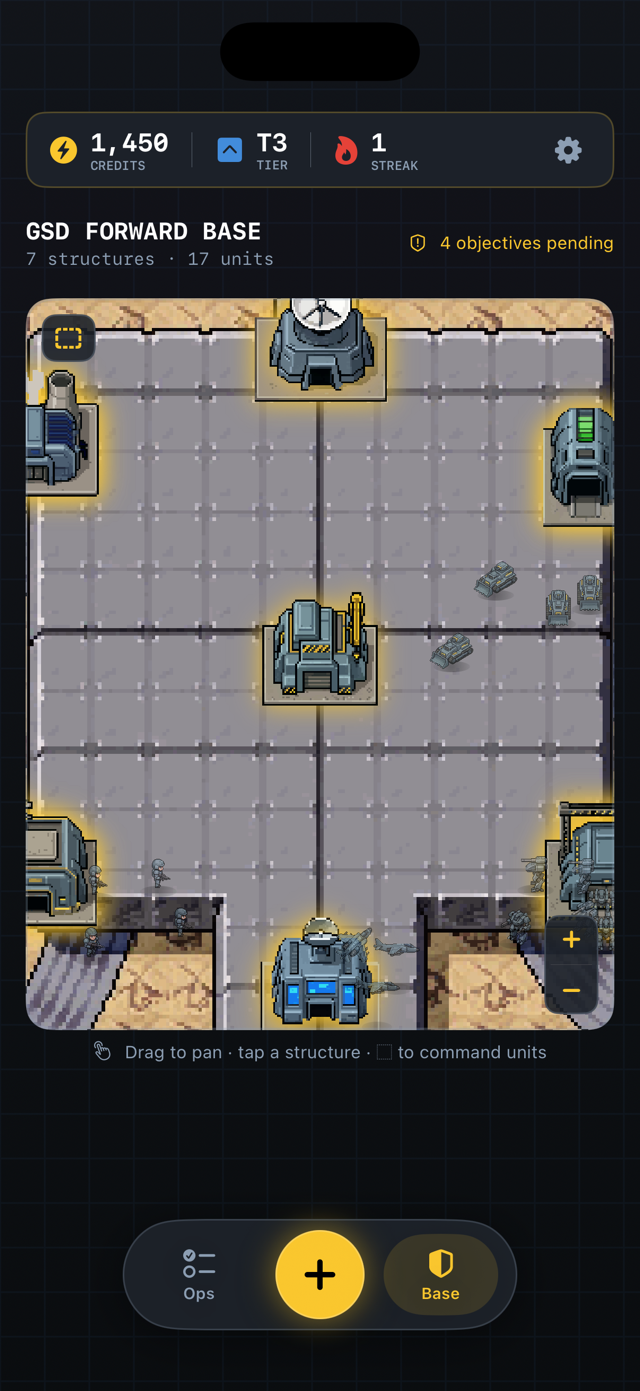 Complete and Conquer app: a dark GSD base map with a gold and blue command HUD