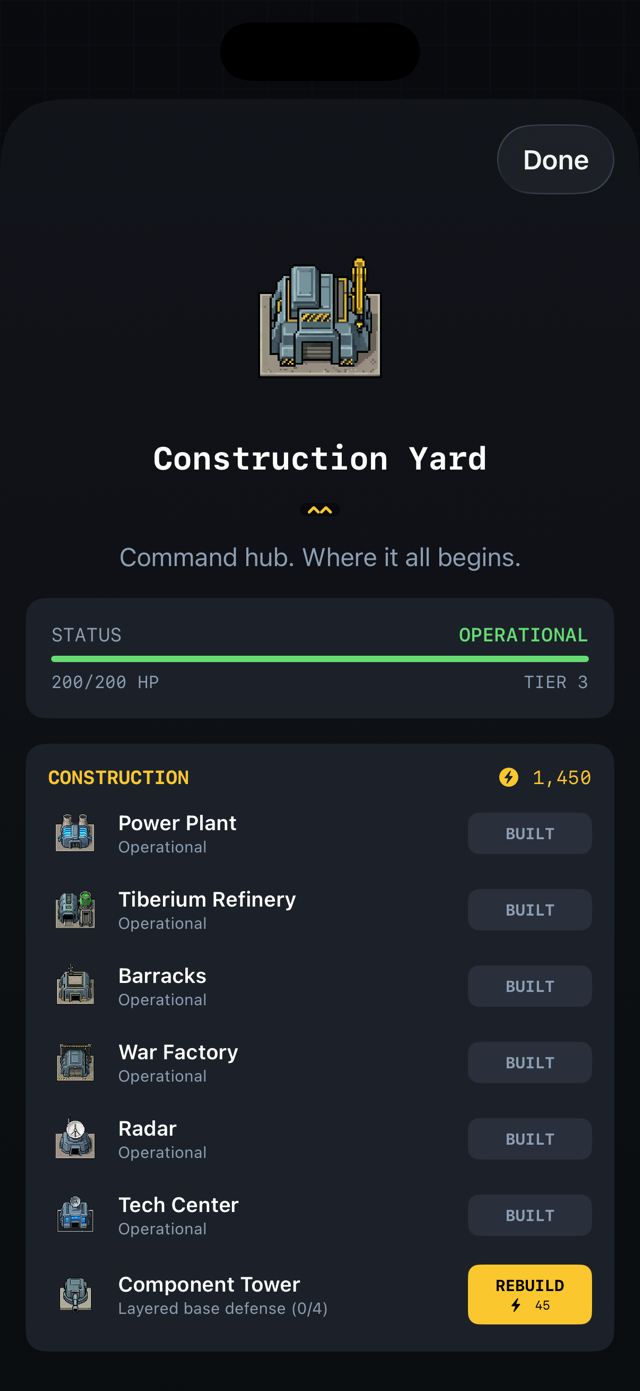 The Construction Yard build menu, listing structures to build with their credit costs.