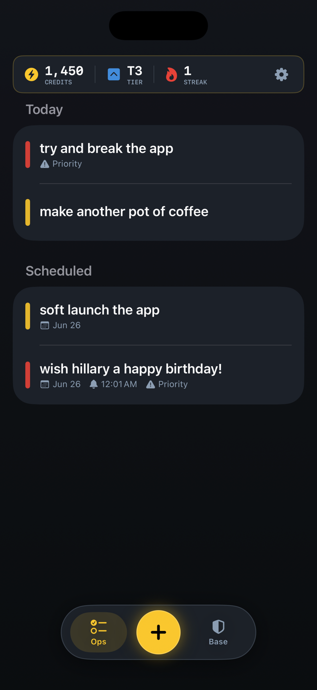 The Operations screen: a checklist of real tasks grouped into Today and Scheduled, above a credits, tier and streak HUD.