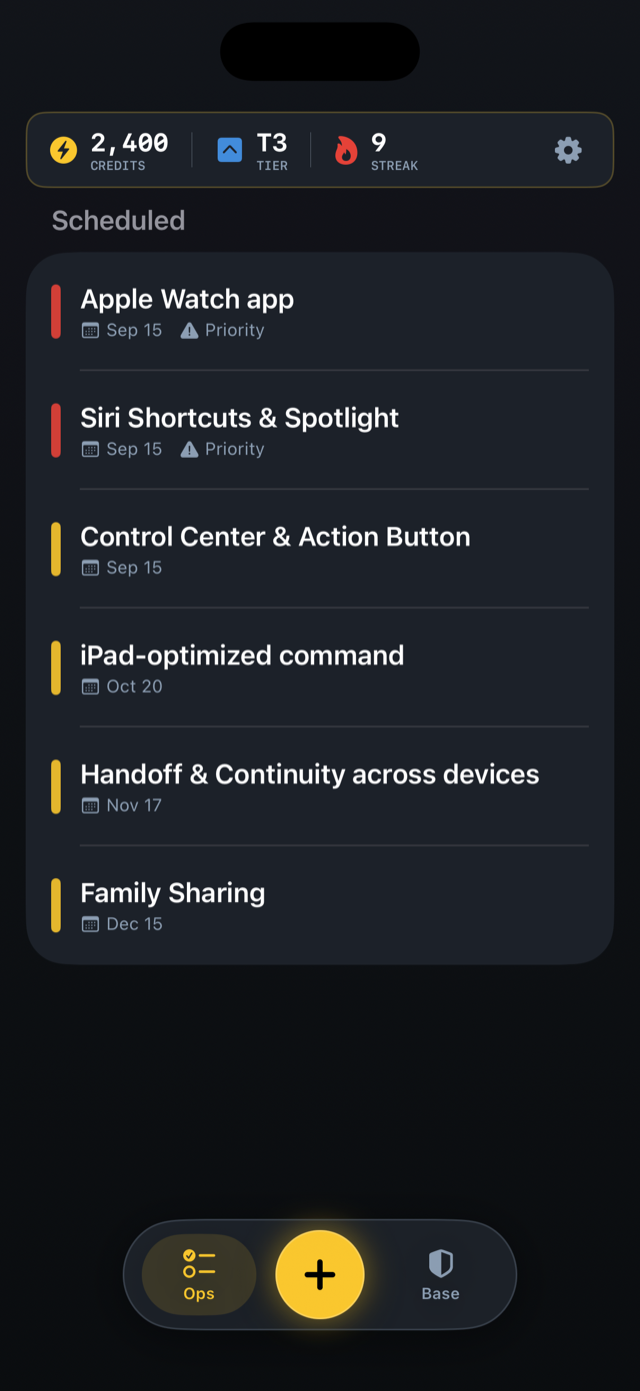 The Complete and Conquer Operations screen with upcoming Apple-ecosystem features scheduled as dated objectives, the first wave on September 15